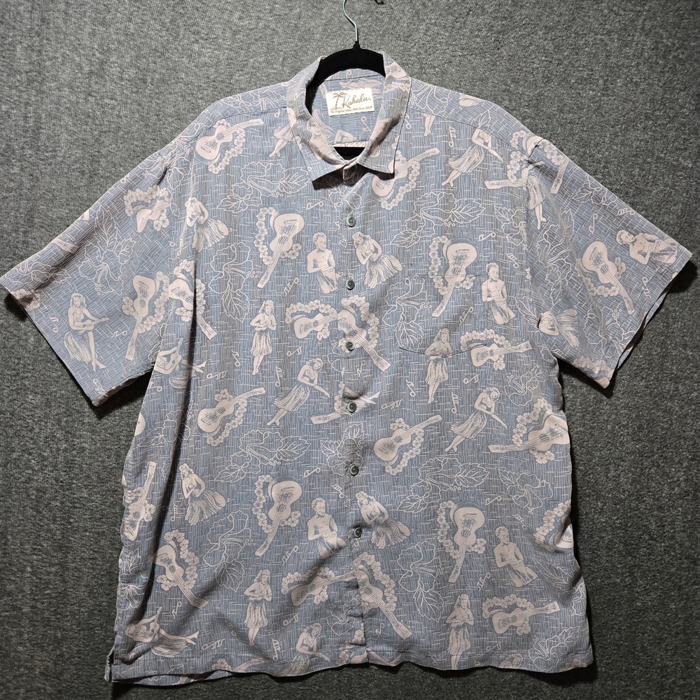 Kahala Hawaiian Shirt Button Vintage Aloha Hula Dancers Hisbiscus Sz XL Blue